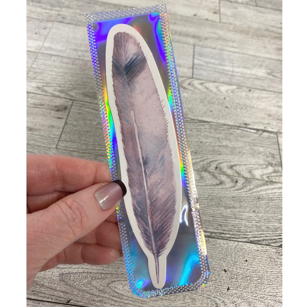 Bookmark Purple Pink Feather Die Cut in Holographic Sleeve - Boho Cottagecore